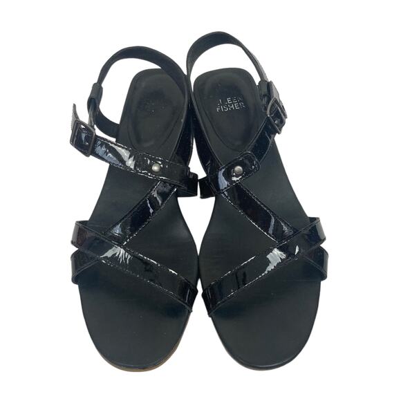 Eileen Fisher Black Patent Leather Strappy Wedges Sz 8 - Picture 2 of 9